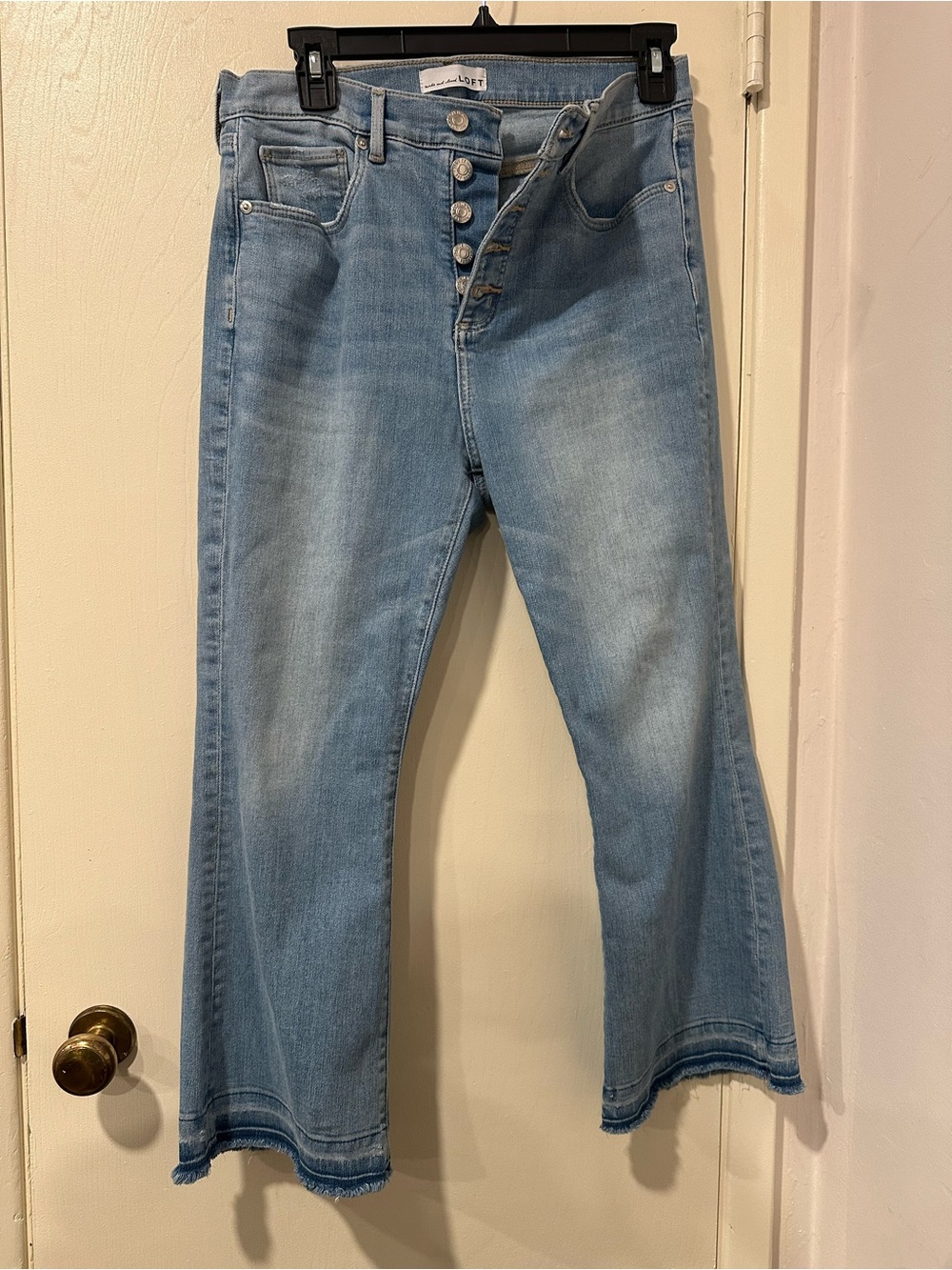 Loft Light Blue High-Rise Button-Fly Kick Crop Flare Jeans size 10P. Cute Hem!